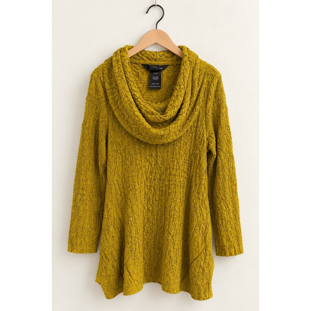 Ali Miles Womens Large Mustard Yellow Crinkle Cowl Neck Tunic Sharkbite Top